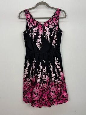 White House Black Market Black with Pink Floral Ombre Fit&Flare Dress Pockets, 4